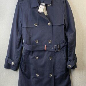 New Tommy Hilfiger Double Breasted Navy Blue‎ Trench Coat Womens Medium Belted